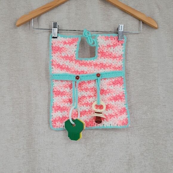 Playtime Bib Hand Crochet Pink & Mint With Toy Attachments Vintage 80s - Picture 1 of 8